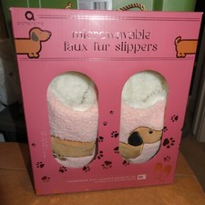Dachshund Pink Dog Microwavable Faux Fur Slippers Ladies Sz 8-1/2 NIB