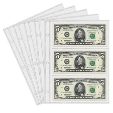 50 Sheets 3 Pockets Currency Pages for Paper Money Collection Banknote