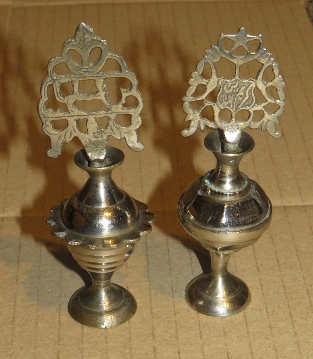 2x Vintage Middle Eastern Pewter Perfume Pots And Decorated Wands