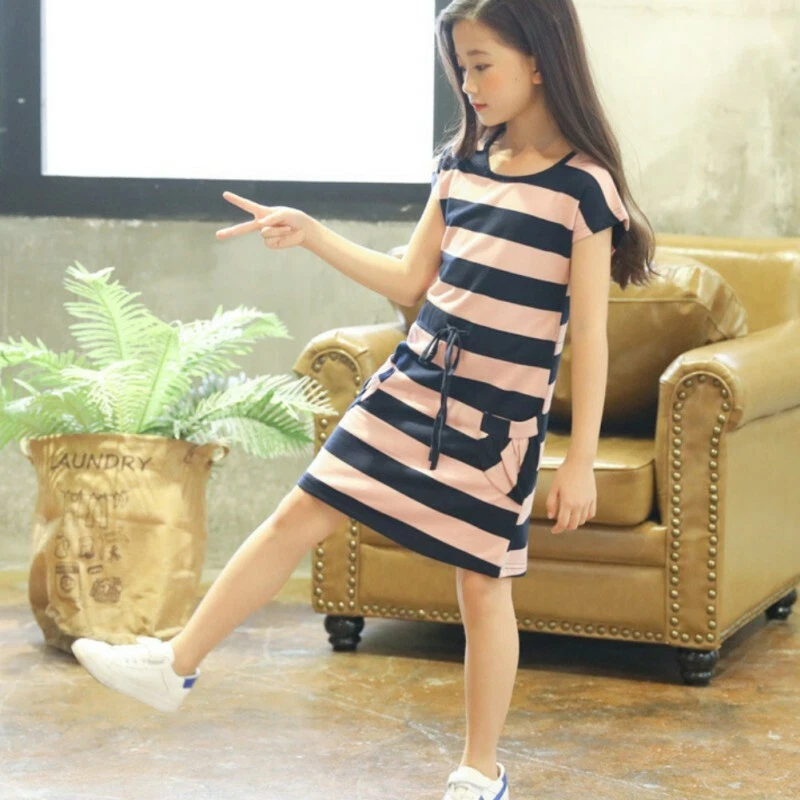 Sale Girl Short Sleeve Stripe Summer Dress Cotton Casual Dresses Kids  Clothing