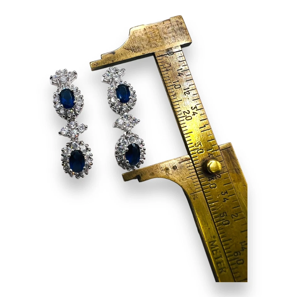 925 Sterling Silver Drop Dangle Cocktail Earrings Blue CZ - Image 4 of 4