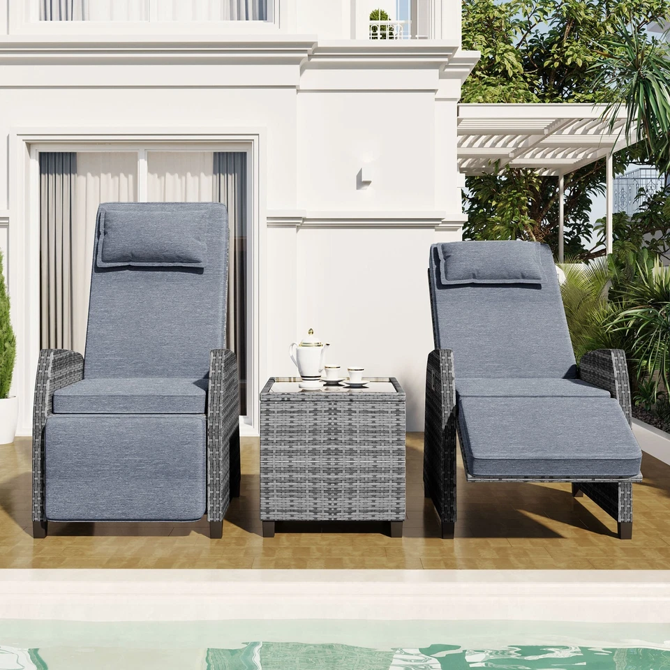 Patio Recliner Chair Conversation Set Rattan Wicker Outdoor Furniture Table Gray - Image 3 of 4