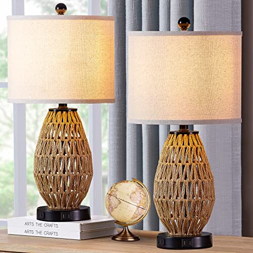 Touch Control Table Lamps, 3 Way Dimmable Bedside Lamps for Bedroom Set Rattan