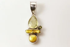925 Sterling Silver Yellow & Green Stones Free Form Pendant 17.9g (PEN7240)