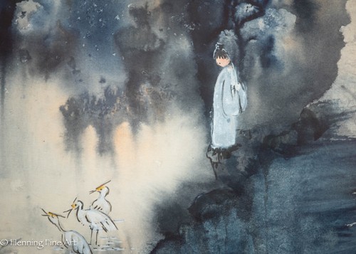 Beautiful Vintage Mid Century Painting of Japanese Girl at Lake w/ White Cranes - Picture 6 of 8