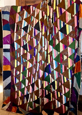Vintage Handmade Crazy Quilt Velvet Silk Wool Flannel Triangles Full Sz 72x82 