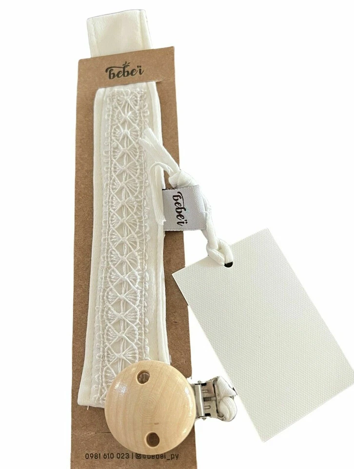 Handmade Baby Bebe’i Pacifier Chain Holder Clip Organic Fabric Ñanduti Lace - Image 2 of 4