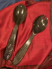 Stunning Pair Handcrafted Horn Salad, Seafood Server Fork and Spoon, 10”long