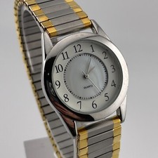 Minimalist Womens Watch 30mm Case Pearl Look Dial Two Tone Stretch Band Quartz
