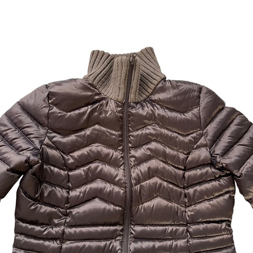 Bernardo Goose Down puffer coat Womens Medium brown quilted long knit collar - Picture 2 of 8