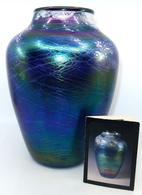 Art Glass Tom Stoenner Signed 2001 Blown Iridescent Blue & Purple Vase, 10 1/2''