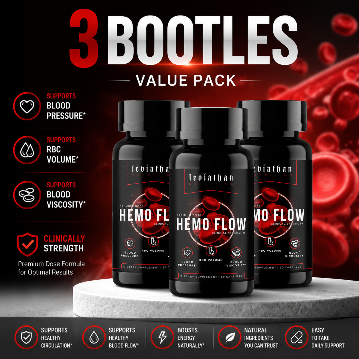 3pcs Leviathan Nutrition Hemo Flow Supplement with Nattokinase for Nitric Oxide
