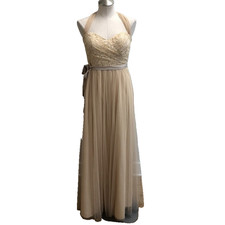 Jenny Yoo Evening Gown Womens 6 Beige Lace Mesh Halter Neck Formal Party Prom