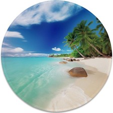 Tropical Paradise Beach Mouse Pad - Relaxing Seaside Scenery, Round Stitched Edg
