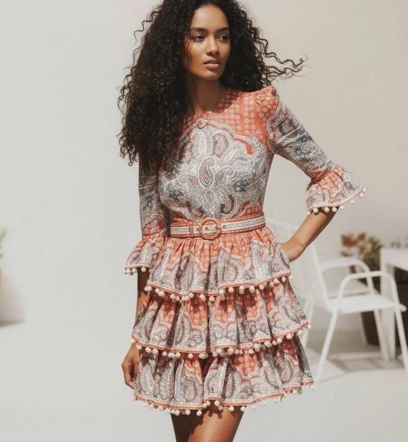 Zimmermann Vitali Tiered Hem Mini Dress Size 0 AU 8/US 4 Red Paisley Linen Belt