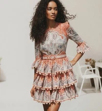 Zimmermann Vitali Tiered Hem Mini Dress Size 0 AU 8/US 4 Red Paisley Linen Belt