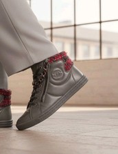 CHANEL CC High Top Trainers Sneakers Zip Chain Shoes Leather Tweed Sz 37 G31316