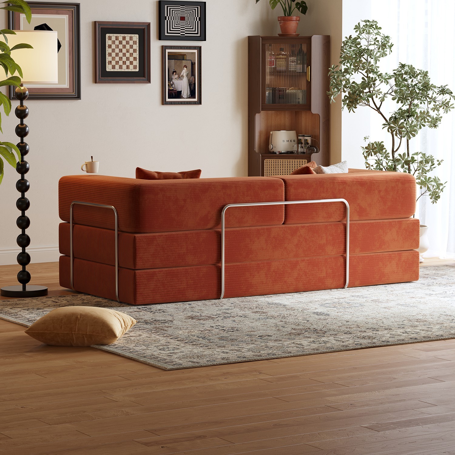 80.3" Convertible Sofa Bed 2 Throw Pillows Detachable Floor Sofa Orange Compact