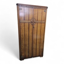 Vintage Carved Oak Wardrobe Double Door Linenfold Panel Canted Corners