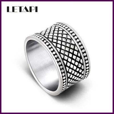 LETAPI Silver Color-Color Grid Pattern Wide Version Ring Tide Men and Women