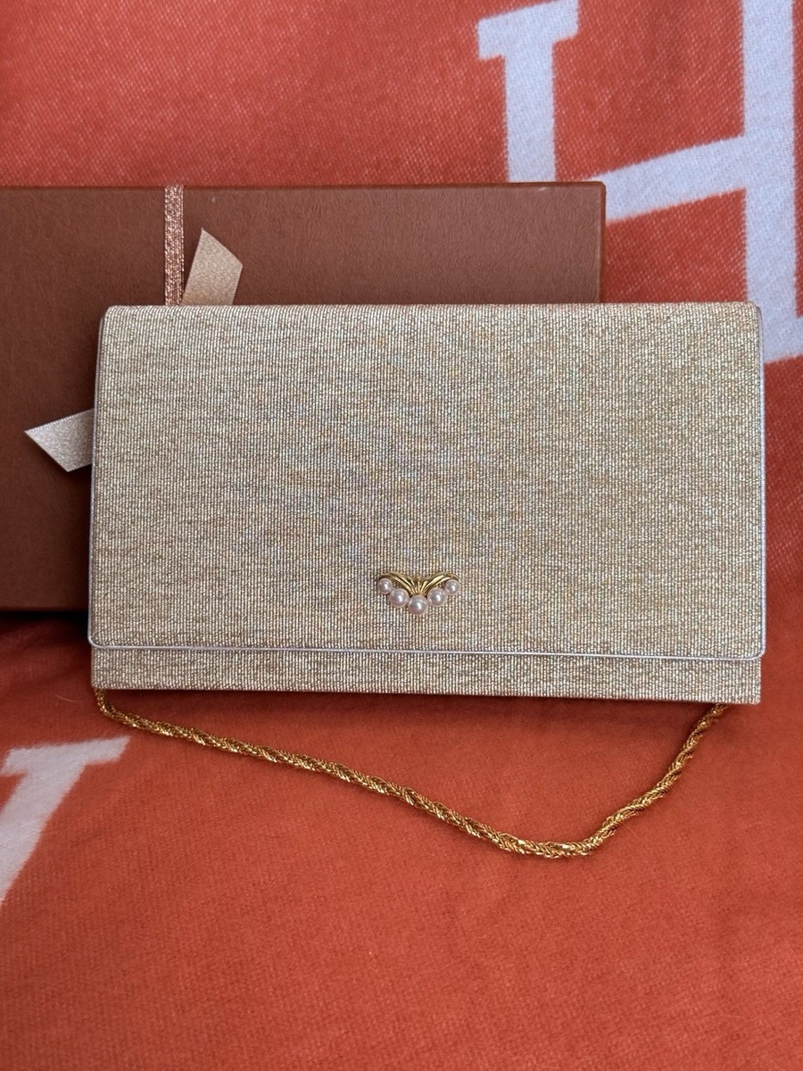 MIKIMOTO Gold Clutch with Pearl Accents and Chain Strap, Elegant