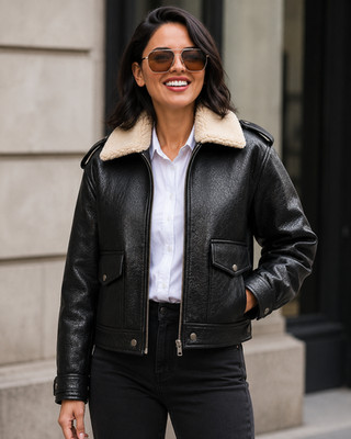 Women's Fountain of Youth 2025 Leather Bomber Jacket Eiza González Faux Fur Coat