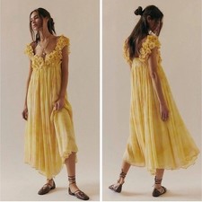 Free People Mango Mambo Maxi Dress Floral Applique 3D Yellow Medium FLAWED