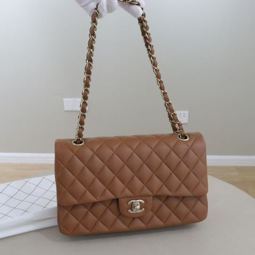 Auth Chanel Classic Flap Medium Shoulder Bag Caramel Lambskin Quilted Leather
