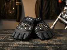 Skull Fingerless Leather Gloves Men Biker Motorcycle Riding Punk Studded Black L