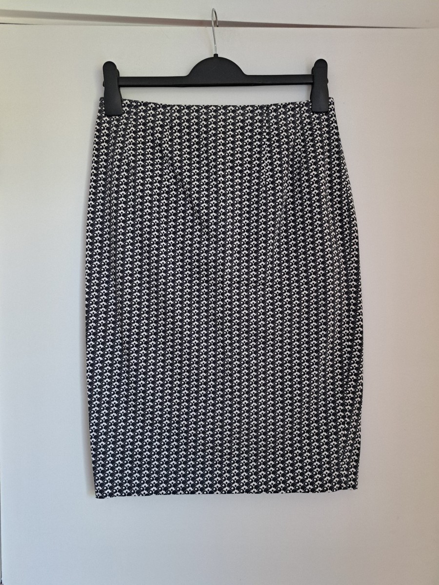 OASIS Pencil Midi Skirt UK10 Blue White Geometric Cotton Stretch