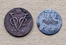 ¡JUEGO! Moneda de plata Holanda 1734 Holandesa Países Bajos VOC 1 dúo y 2 Stuiver_a58
