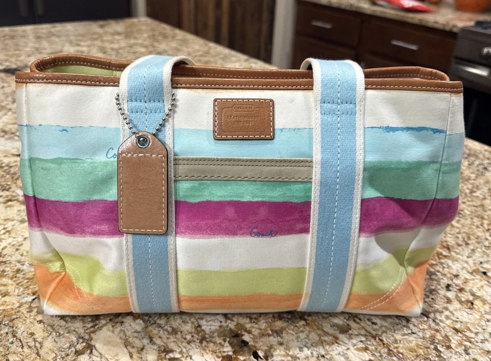 Coach watercolor Rainbow Striped Hampton Purse Canvas Shoulder Tote Hand Bag
