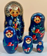 Authentic Russian Matryoshka Nesting Dolls - 5 Piece Set - Blue & Gold Floral