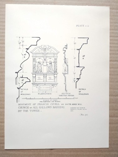 Monument to Francis Covell at All Hallows Barking - Antique Print - 1934