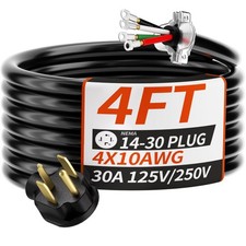 PlugSaf 4 FT 4 Prong Dryer Cord 30 AMP Black, 10/4 Gauge 4FT, Black