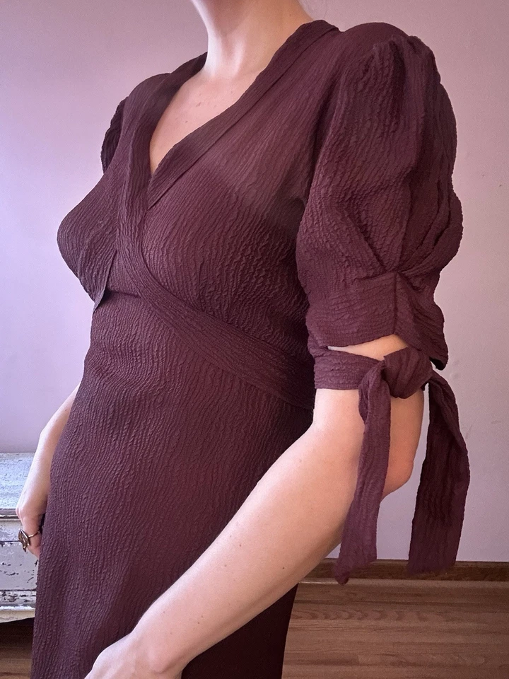 Vestido Vintage Años 70 Do 30 Marrón Corte Sesgado Rayón Crepé Manga Abullonada M L Foto 4 de 4