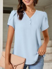 Womens Casual Summer Tops Short Sleeve Chiffon Shirts Button Up V Neck Blouses