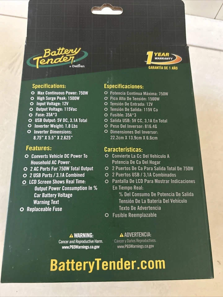 Battery Tender 12V, 750W Power Inverter SKU: 026-0004-DL-WH NEW Foto 3 de 4
