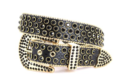 Rhinestone Western Belt Bling Gold Black Black Unisex Men Pant 46 Cinto Vaquero