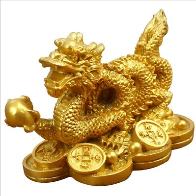 Golden Asian Chinese Feng Shui Dragon on Money Coins Figurine Good Luck Statues