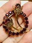 Vintage Red Glass Rhinestone Circle With & Flower Costume Jewelry Brooch