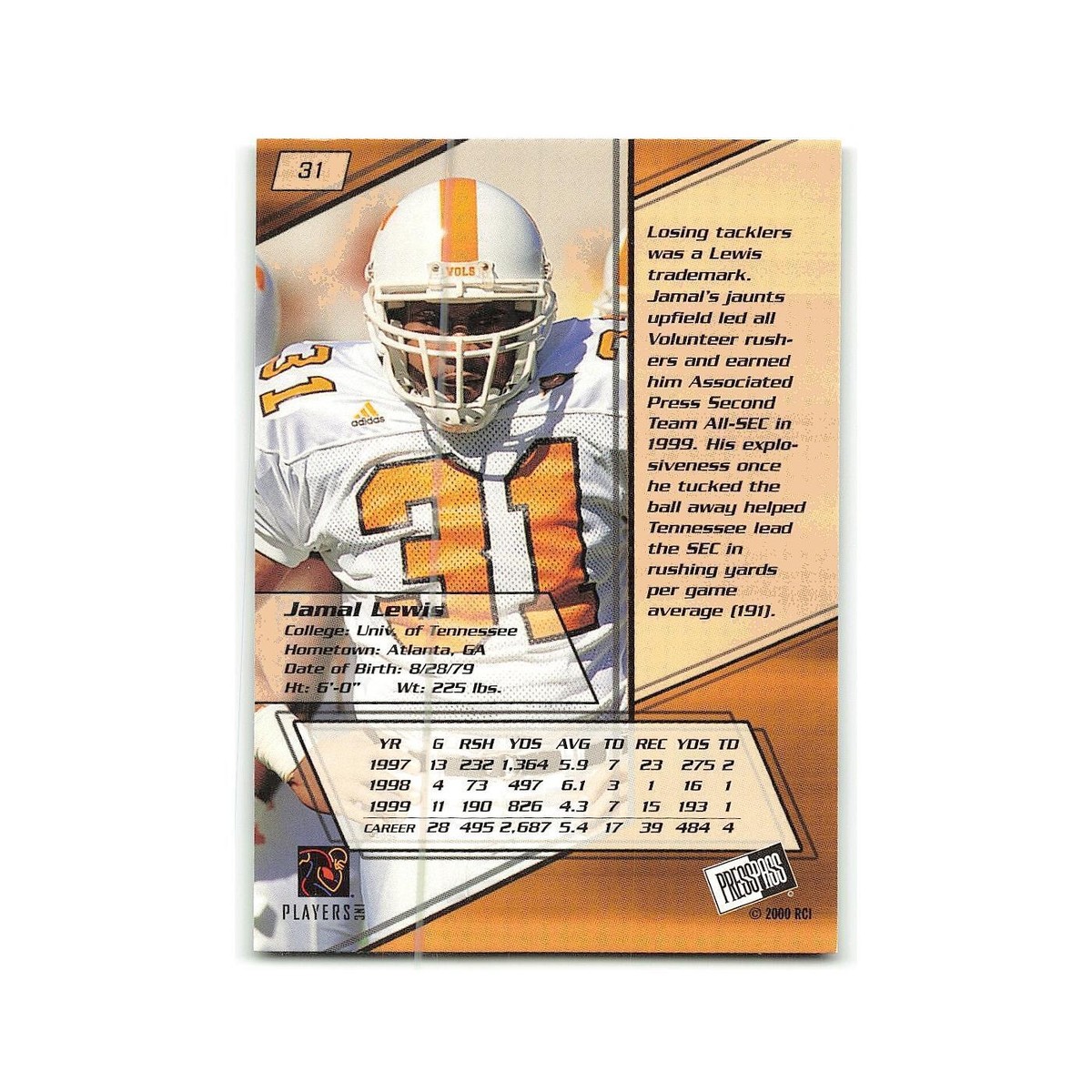 Jamal Lewis 2000 Press Pass #31 Tennessee Football Card NM | eBay
