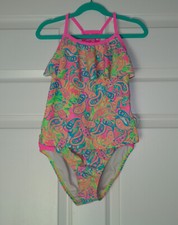 Girls Breaking Waves 2 Piece Tankini Swimsuit Neon Pink Green Paisley Size 12