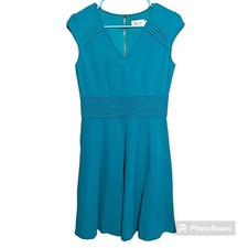 Eliza J Fit & Flare Dress Teal Pleats Sz 6 Exposed Back Zipper Cap Sleeves