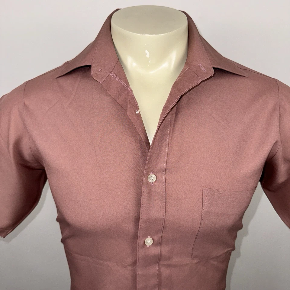 Vintage 70s Van Heusen Shirt Disco Polyester Super Silk Mauve MCM Medium Mens 15 - Image 4 of 4