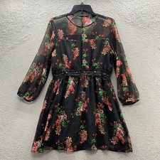 Zara Black Red Floral Sheer Lined Lace Waist Detail Long Sleeve Dress Size L