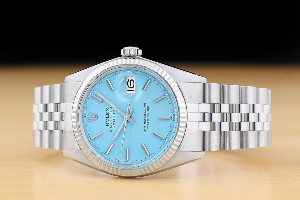 ROLEX MENS DATEJUST 1601 AQUA BLUE DIAL 18K WHITE GOLD STEEL