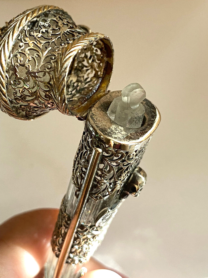 Antique 19th C. Crystal Bottle Skull Medicine Poison Silver Gilded w ...