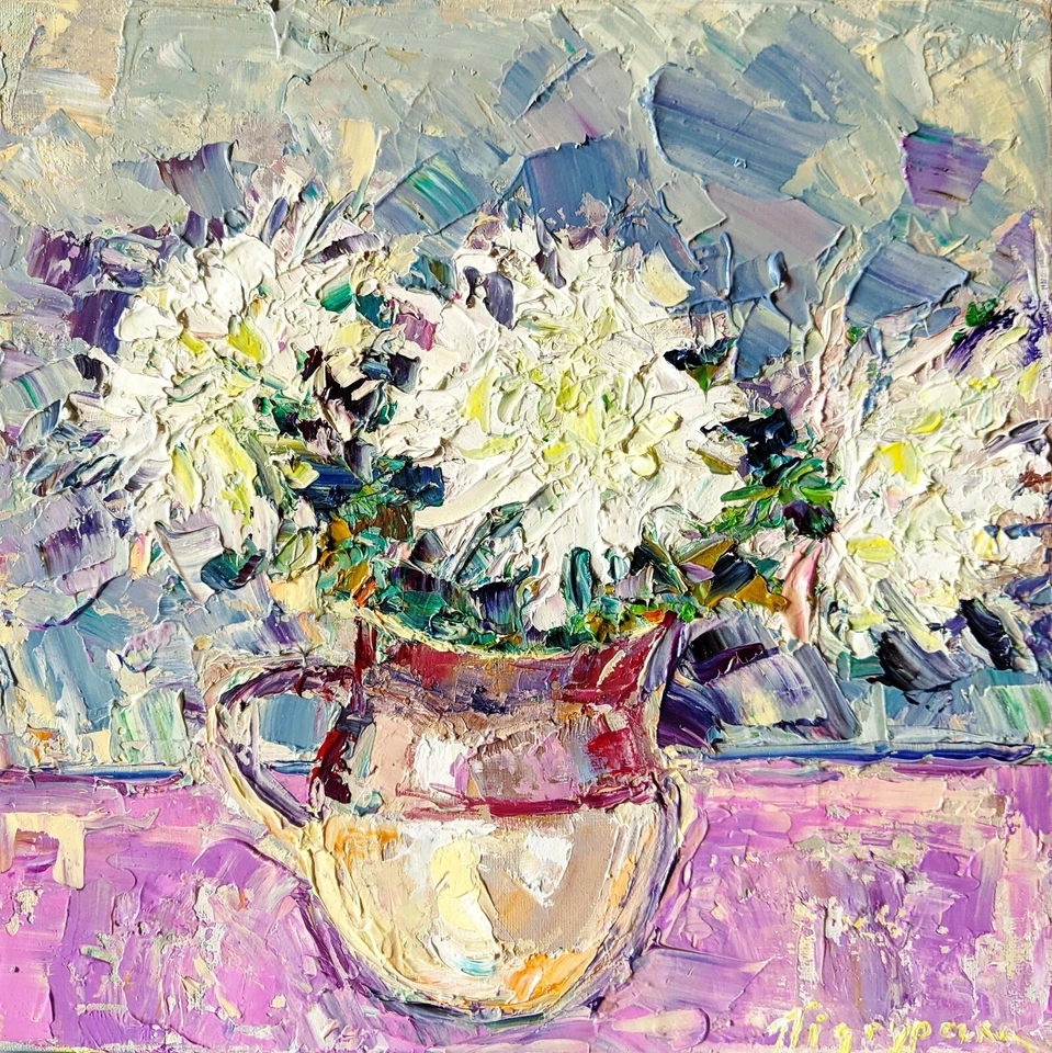 Оригинальная картина маслом цветочный настенное искусство белый георгин цветы ваза текстурированное произведение искусства - Изображение 2 из 4