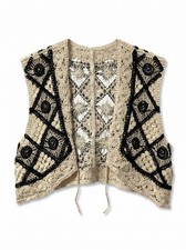 Vintage Crochet Boho Cropped Tie Vest Small Cream Black Hippie Festival Top